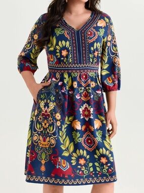 BloomChic Navy Multicolor Floral & Elephant Print Midi Dress